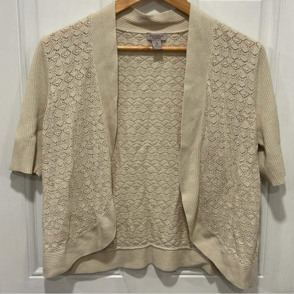 Chico's Easywear Knit Cardigan Sweater Topper Beige Pointelle, Sz 3 (~sz 16)